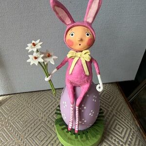 Pink Bunny Lori Mitchell Daisy May Figurine Holding Flowers on Purple Egg NWT